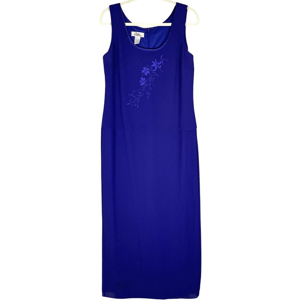 Patra Maxi Dress Womens 12 Blue Very Good Floral Embroidered Beaded Evening Gown